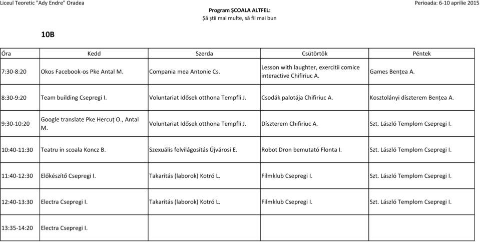 Díszterem Chifiriuc A. Szt. László Templom Csepregi I. 10:40-11:30 Teatru in scoala Koncz B. Szexuális felvilágosítás Újvárosi Robot Dron bemutató Flonta I. Szt. László Templom Csepregi I. 11:40-12:30 Előkészítő Csepregi I.