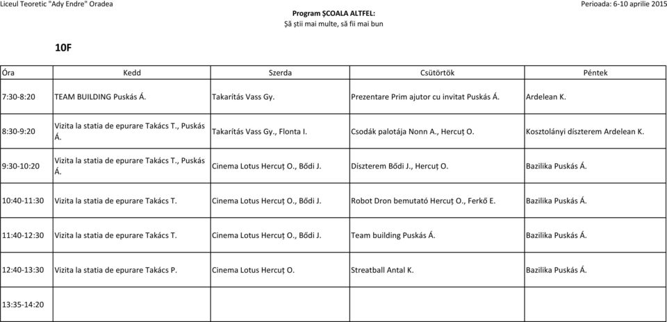 , Hercuţ O. Bazilika Puskás Á. 10:40-11:30 Vizita la statia de epurare Takács T. Cinema Lotus Hercuţ O., Bődi J. Robot Dron bemutató Hercuţ O., Ferkő Bazilika Puskás Á.