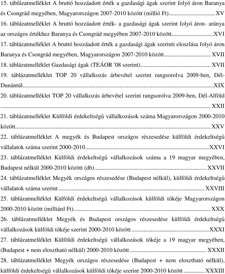 táblázatmelléklet A bruttó hozzáadott érték a gazdasági ágak szerinti eloszlása folyó áron Baranya és Csongrád megyében, Magyarországon 2007-2010 között... XVII 18.