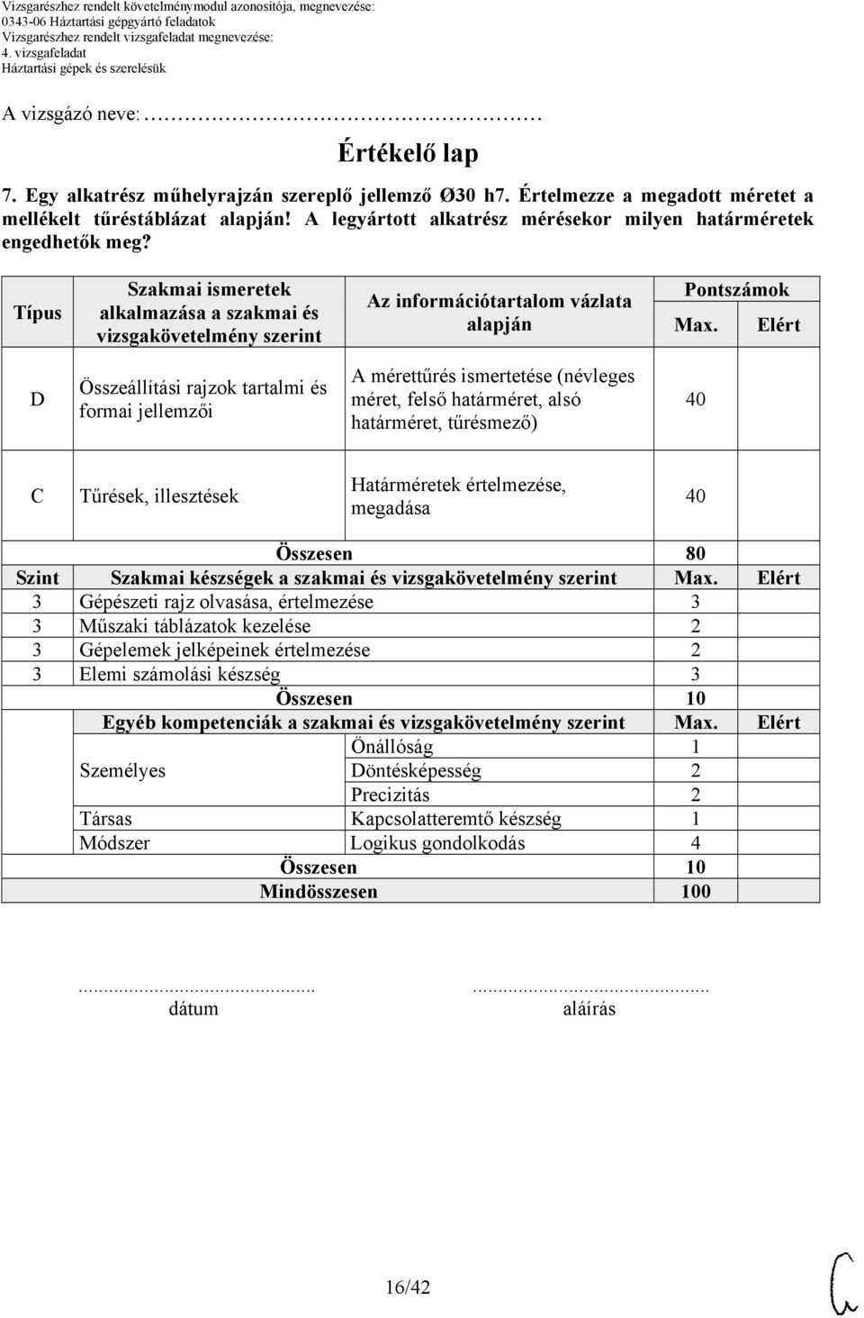 Elért D Összeállítási rajzok tartalmi és formai jellemzői A mérettűrés ismertetése (névleges méret, felső határméret, alsó határméret, tűrésmező) 40 Tűrések, illesztések Határméretek értelmezése,