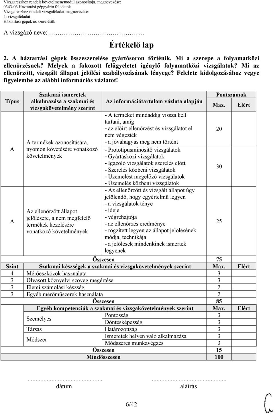 Típus A A Szakmai ismeretek alkalmazása a szakmai és vizsgakövetelmény szerint A termékek azonosítására, nyomon követésére vonatkozó követelmények Az ellenőrzött állapot jelölésére, a nem megfelelő