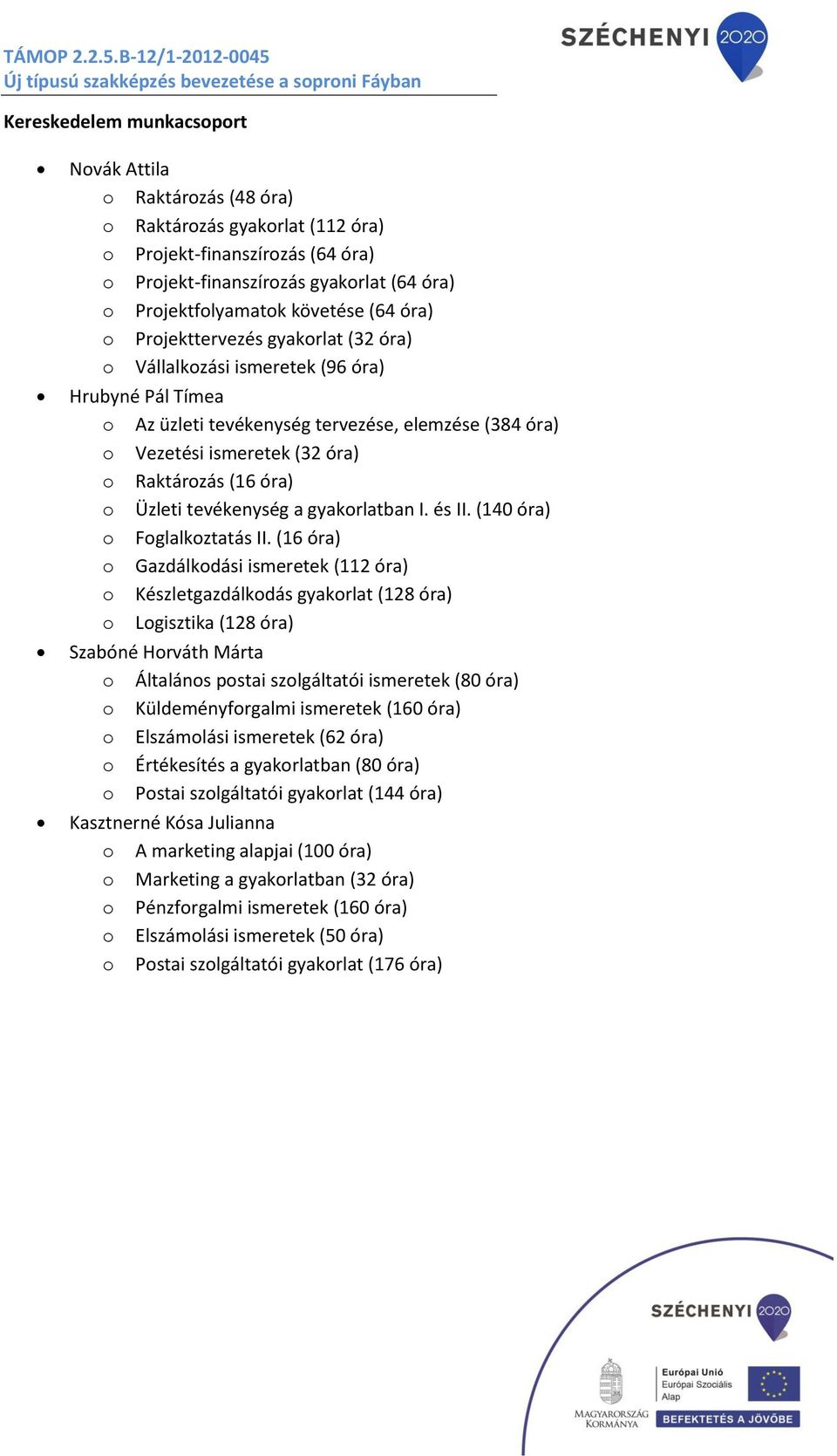 óra) o Üzleti tevékenység a gyakorlatban I. és II. (140 óra) o Foglalkoztatás II.