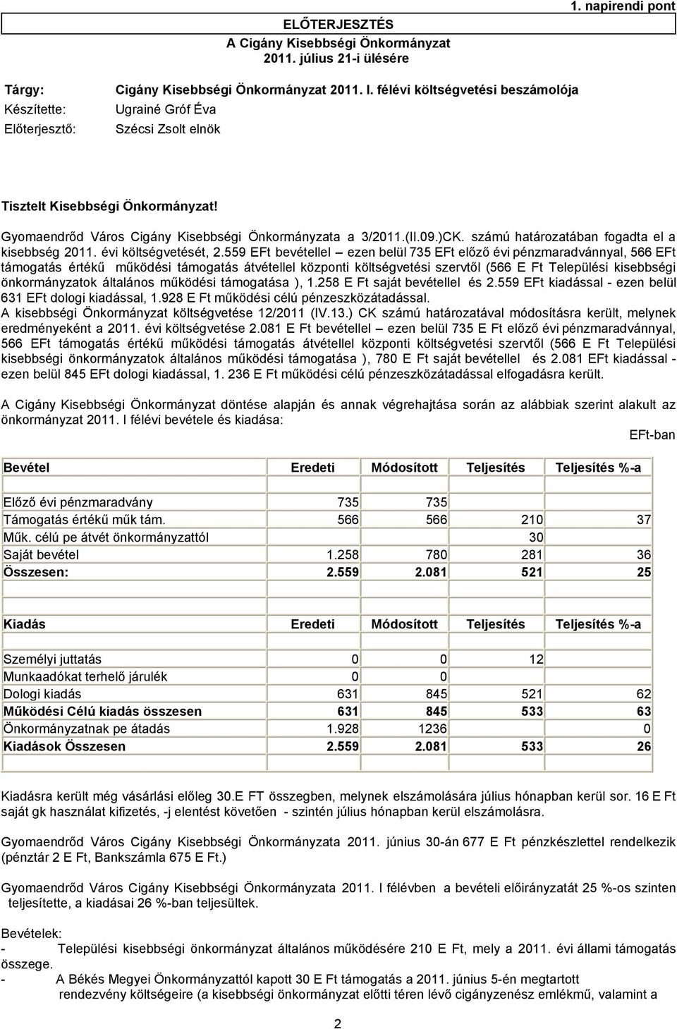 számú határozatában fogadta el a kisebbség 2011. évi költségvetését, 2.