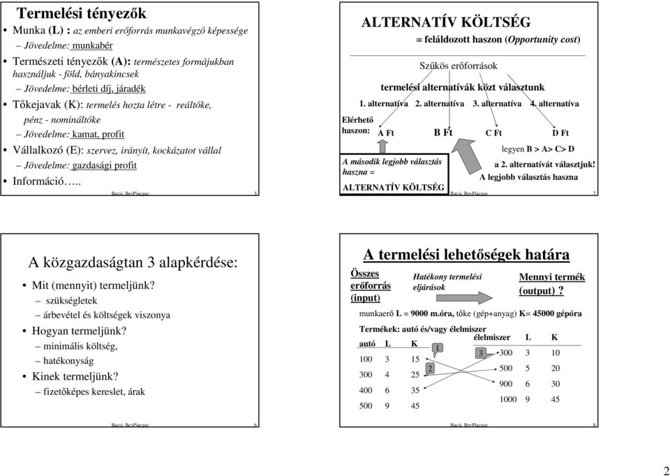 . Bacsi, Beviacgaz 5 ALTERNATÍV KÖLTÉG = feláldozott haszon (Opportunity cost) zőkös s erıforr források termelési alternatívák közt választunk 1. alternatíva 2. alternatíva 3. alternatíva 4.