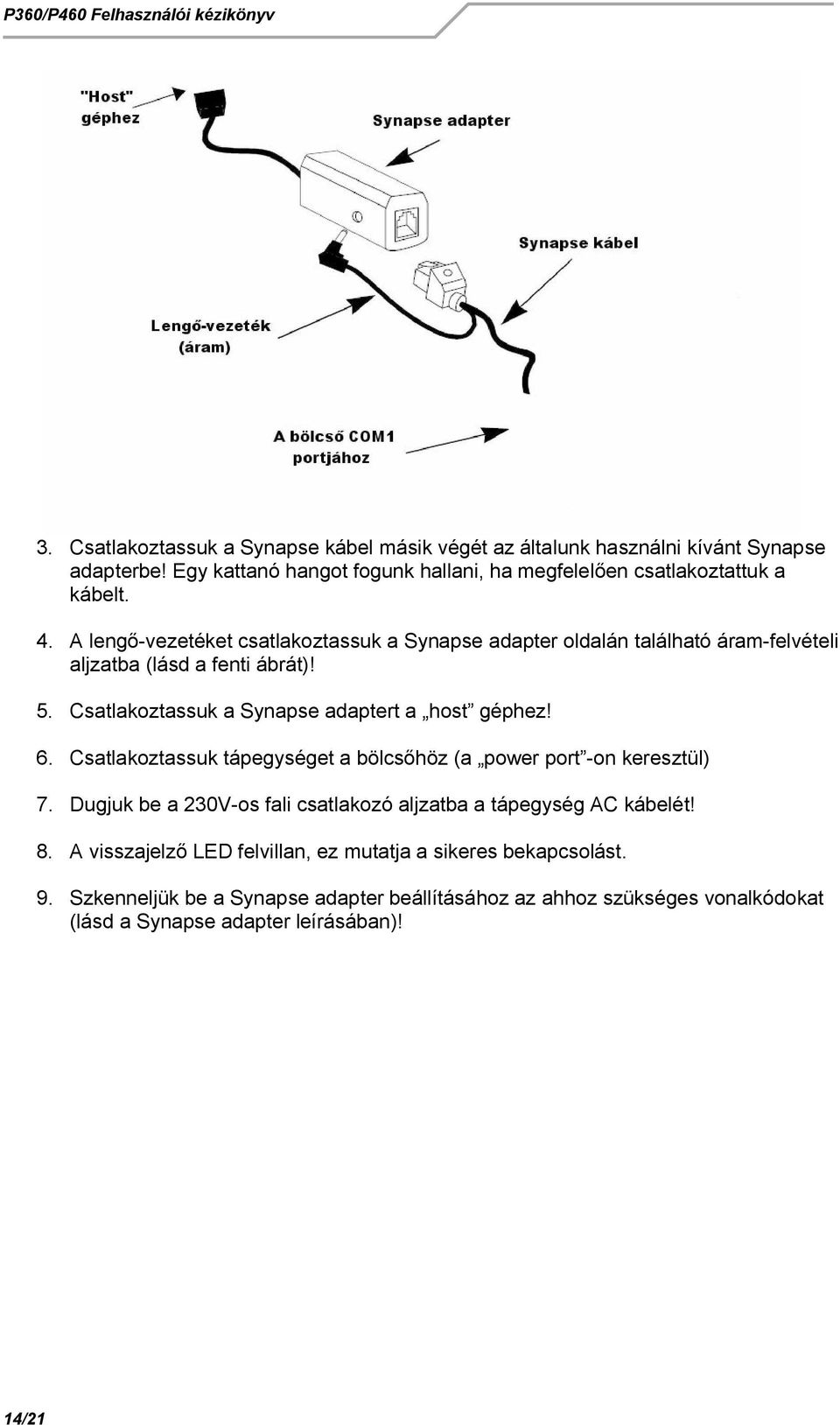 Csatlakoztassuk a Synapse adaptert a host géphez! 6. Csatlakoztassuk tápegységet a bölcs höz (a power port -on keresztül) 7.