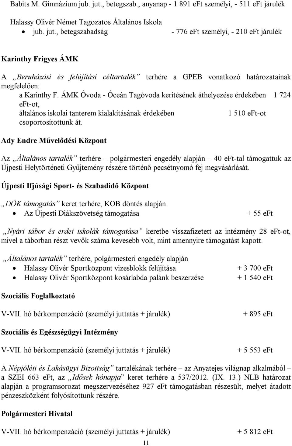 , betegszabadság - 776 eft személyi, - 210 eft járulék Karinthy Frigyes ÁMK A Beruházási és felújítási céltartalék terhére a GPEB vonatkozó határozatainak megfelelően: a Karinthy F.