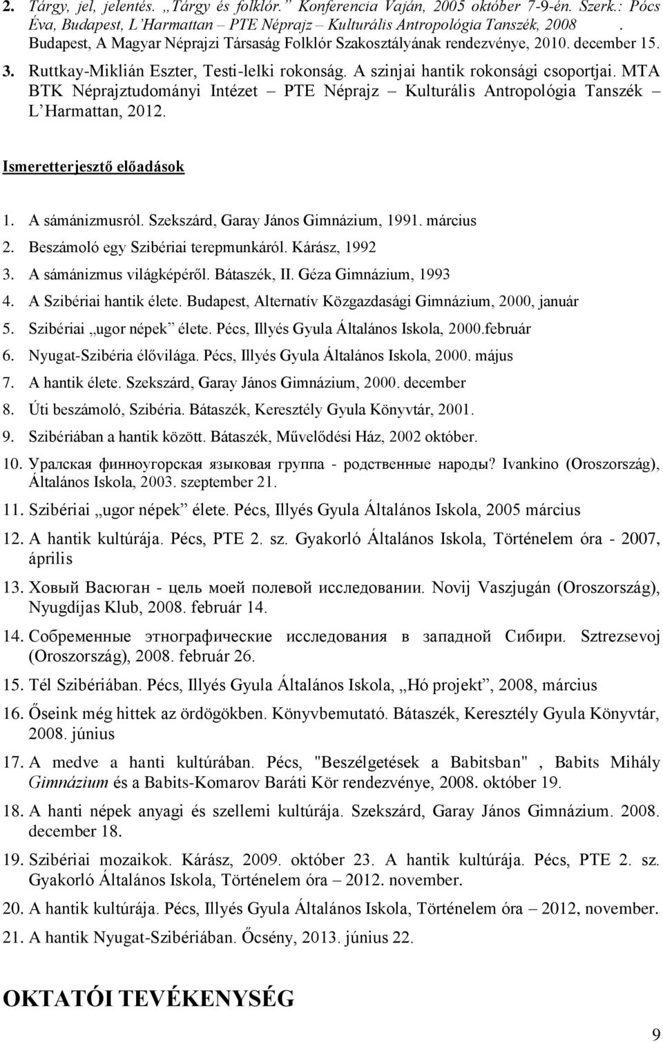 MTA BTK Néprajztudományi Intézet PTE Néprajz Kulturális Antropológia Tanszék L Harmattan, 2012. Ismeretterjesztő előadások 1. A sámánizmusról. Szekszárd, Garay János Gimnázium, 1991. március 2.