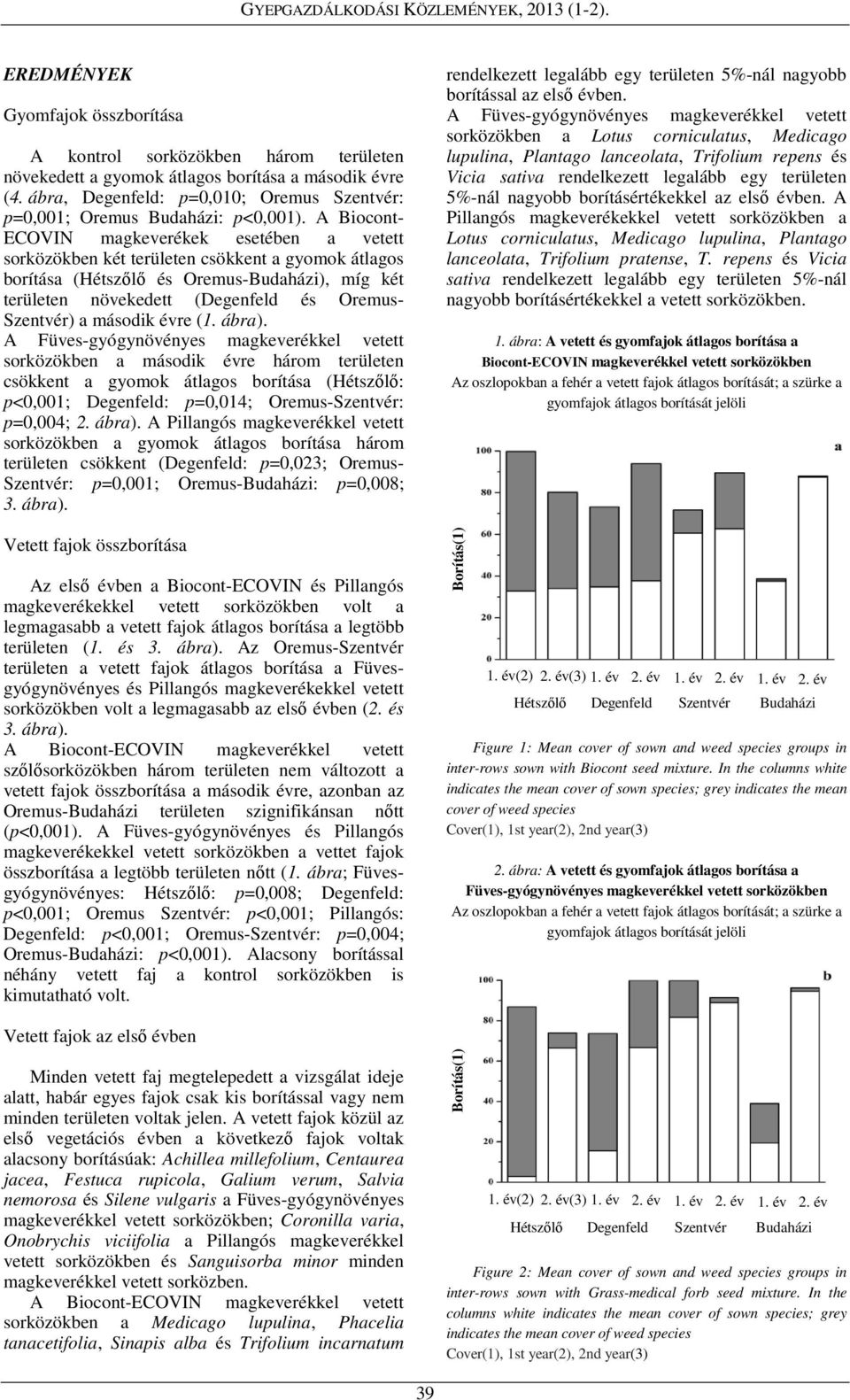 A Biocont- ECOVIN magkeverékek esetében a vetett sorközökben két területen csökkent a gyomok átlagos borítása (Hétszőlő és Oremus-Budaházi), míg két területen növekedett (Degenfeld és Oremus-