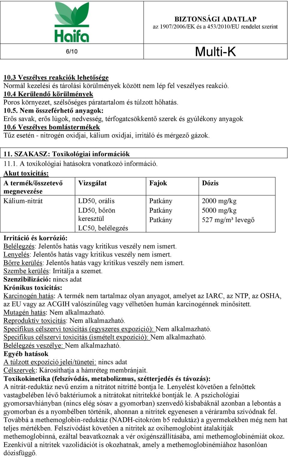 6 Veszélyes bomlástermékek Tűz esetén - nitrogén oxidjai, kálium oxidjai, irritáló és mérgező gázok. 11. SZAKASZ: Toxikológiai információk 11.1. A toxikológiai hatásokra vonatkozó információ.