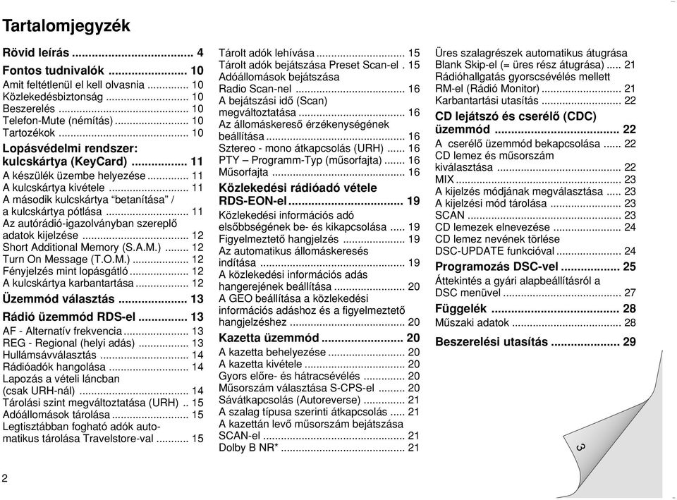 .. 11 Az autórádió-igazolványban szereplœ adatok kijelzése... 12 Sho Additional Memory (S.A.M.)... 12 Turn On Message (T.O.M.)... 12 Fényjelzés mint lopásgátló... 12 A kulcskáya karbantaása.