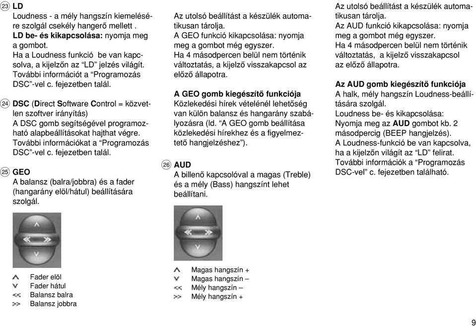 További információkat a Programozás DSC -vel c. fejezetben talál. I GEO A balansz (balra/jobbra) és a fader (hangarány elöl/hátul) beállítására szolgál.