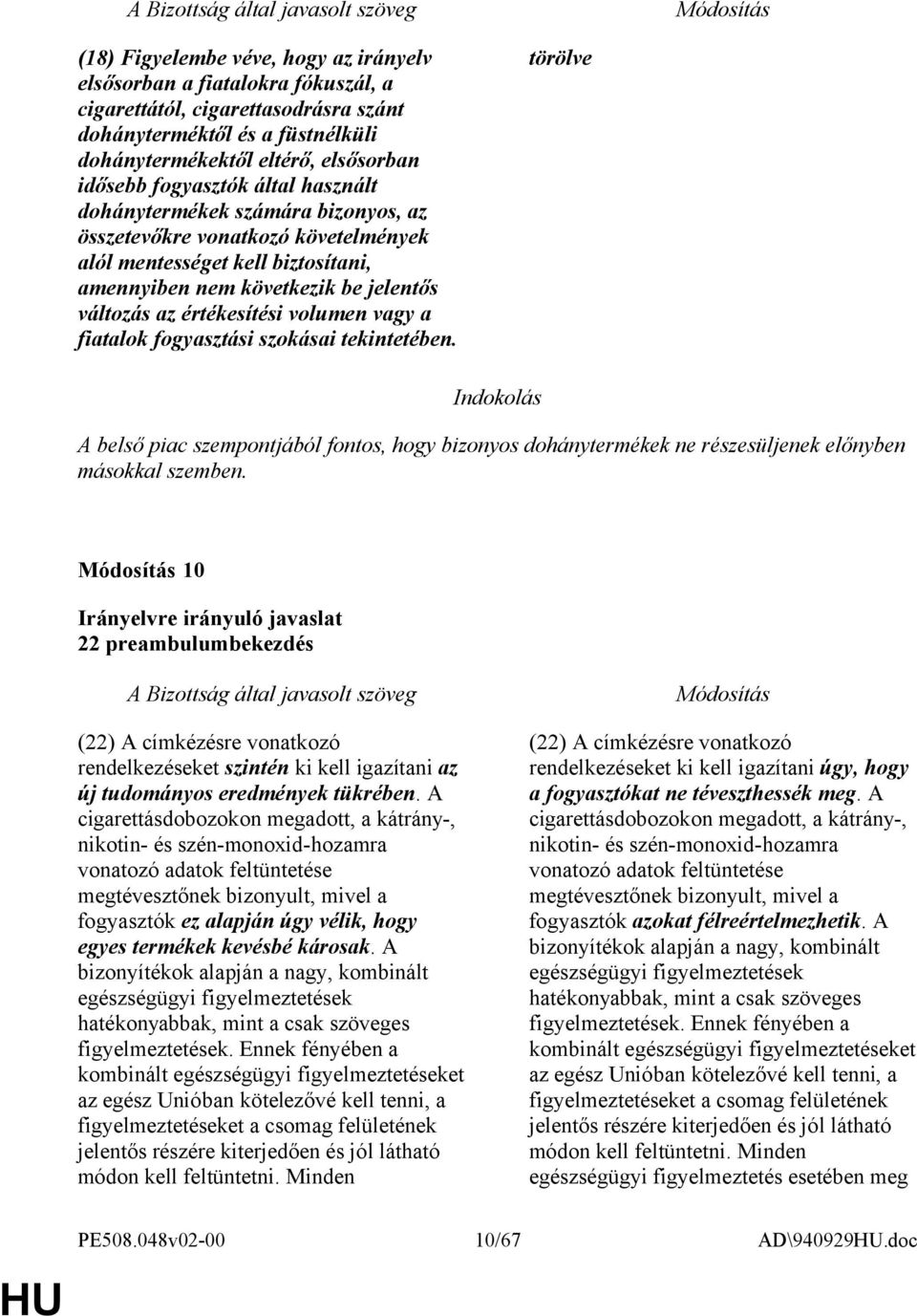 volumen vagy a fiatalok fogyasztási szokásai tekintetében. törölve Indokolás A belső piac szempontjából fontos, hogy bizonyos dohánytermékek ne részesüljenek előnyben másokkal szemben.