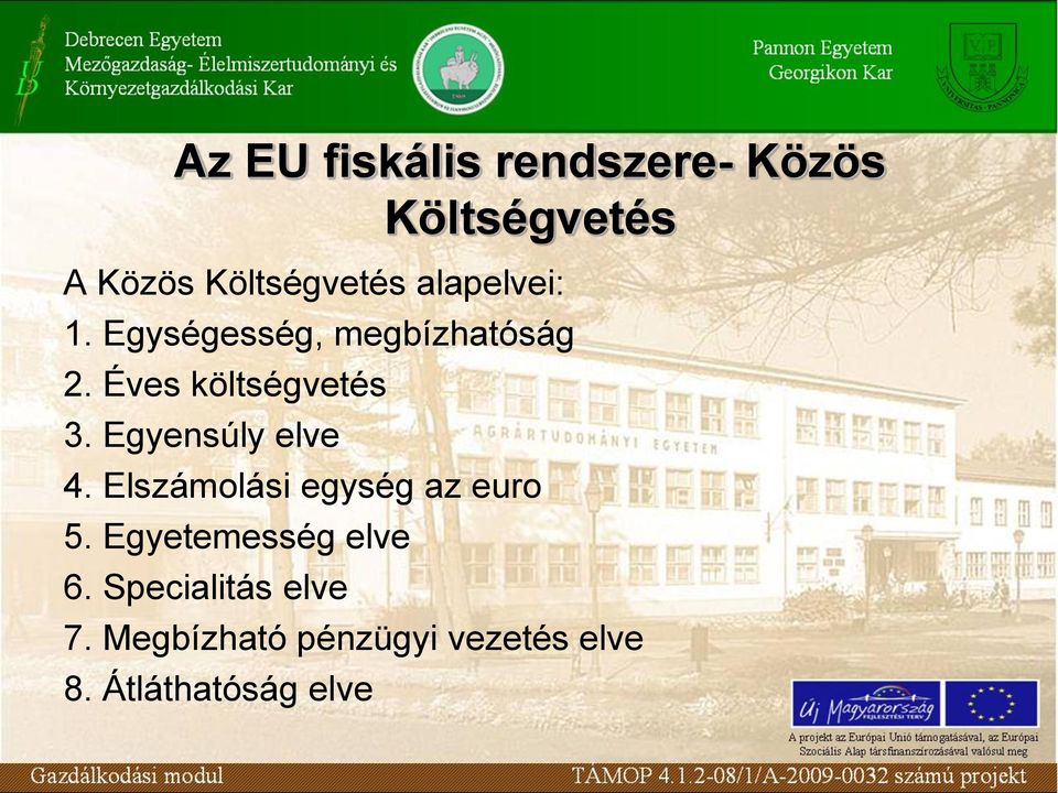 Egyensúly elve 4. Elszámolási egység az euro 5. Egyetemesség elve 6.