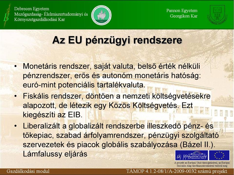 Fiskális rendszer, döntően a nemzeti költségvetésekre alapozott, de létezik egy Közös Költségvetés.