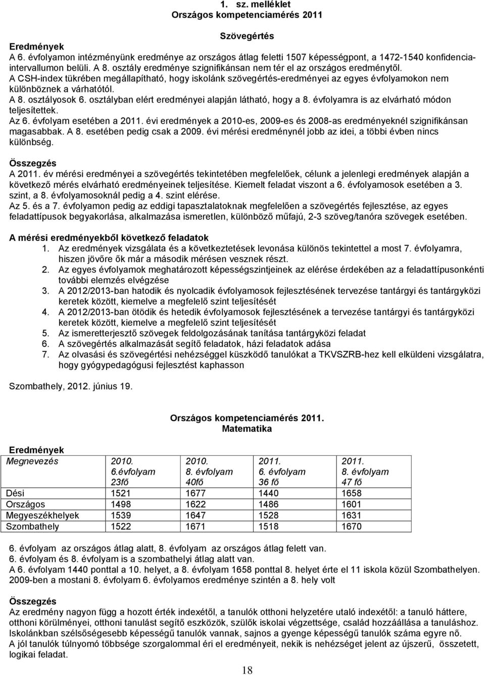 A 8. osztályosok 6. osztályban elért eredményei alapján látható, hogy a 8. évfolyamra is az elvárható módon teljesítettek. Az 6. évfolyam esetében a 2011.