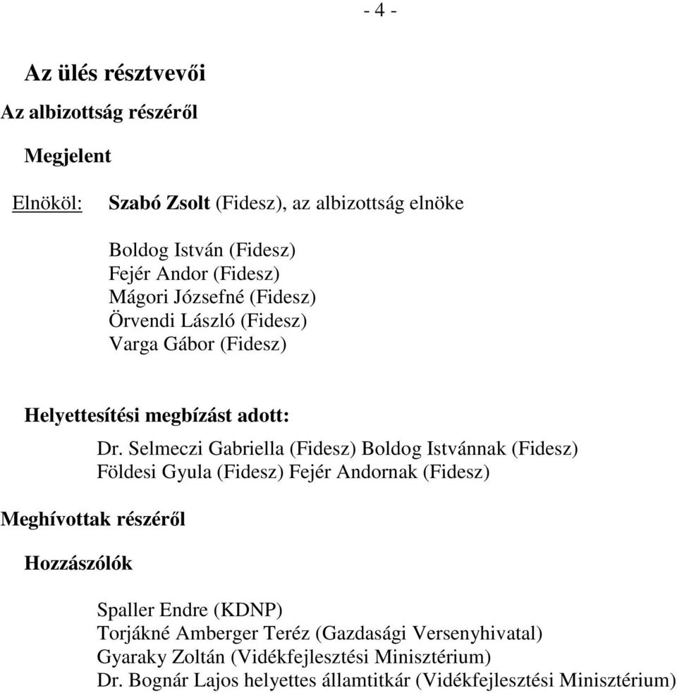 Selmeczi Gabriella (Fidesz) Boldog Istvánnak (Fidesz) Földesi Gyula (Fidesz) Fejér Andornak (Fidesz) Spaller Endre (KDNP) Torjákné Amberger Teréz