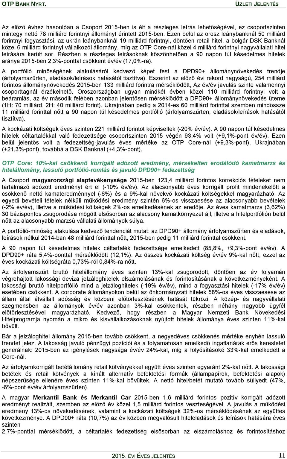 állomány, míg az OTP Core-nál közel 4 milliárd forintnyi nagyvállalati hitel leírására került sor.