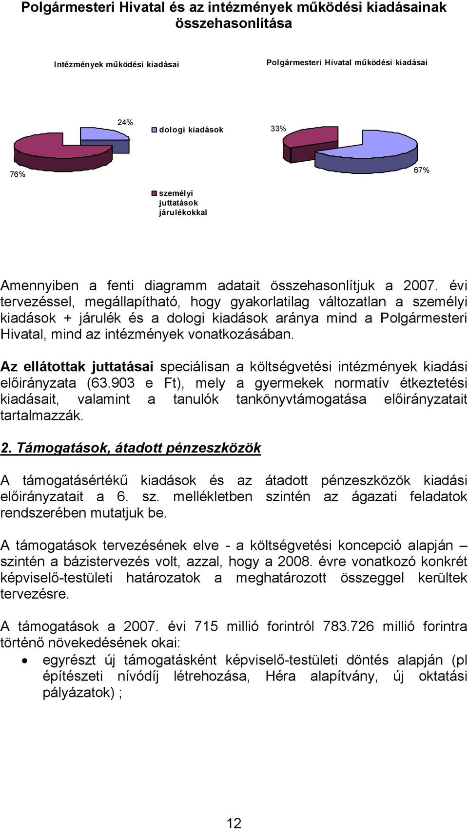 évi tervezéssel, megállapítható, hogy gyakorlatilag változatlan a személyi kiadások + járulék és a dologi kiadások aránya mind a Polgármesteri Hivatal, mind az intézmények vonatkozásában.