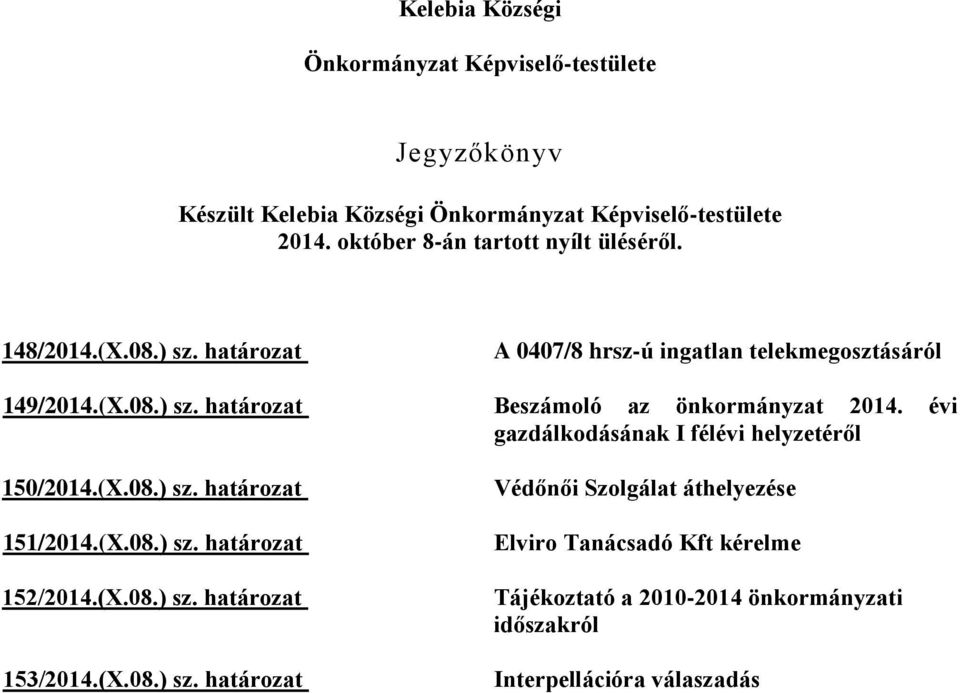 évi gazdálkodásának I félévi helyzetéről 150/2014.(X.08.) sz.