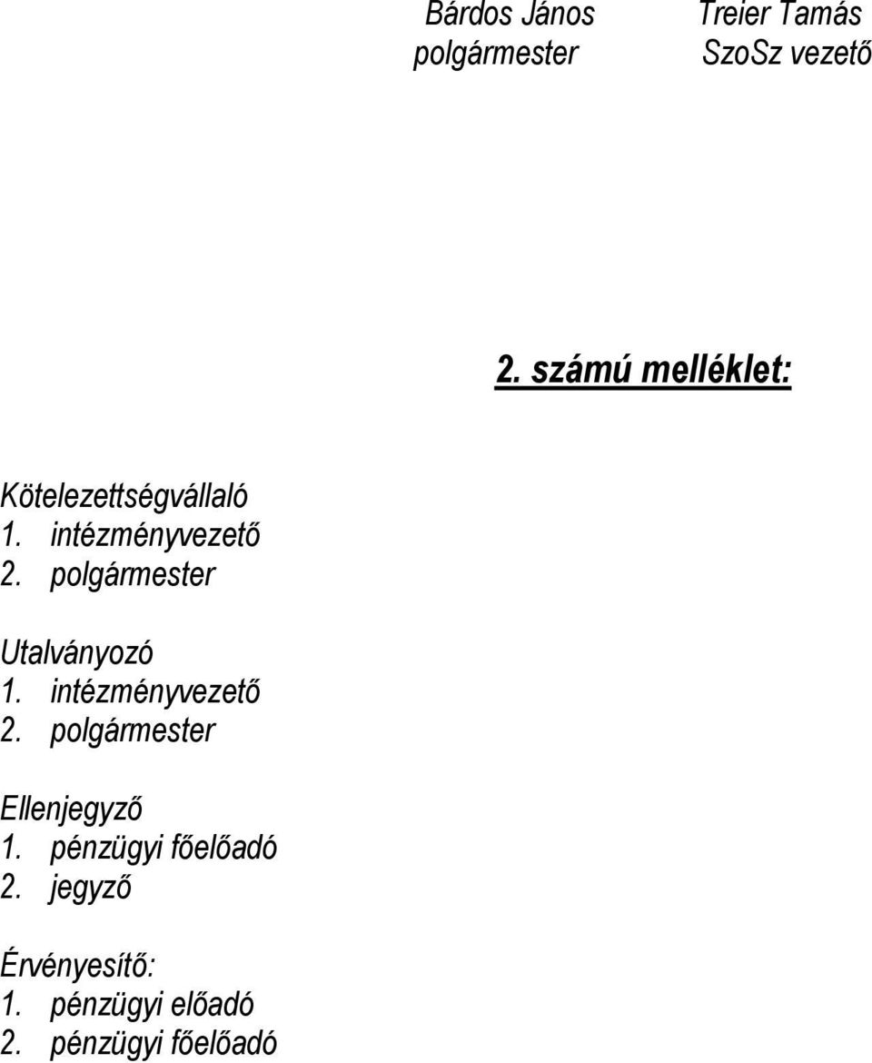 polgármester Utalványozó 1. intézményvezetı 2.