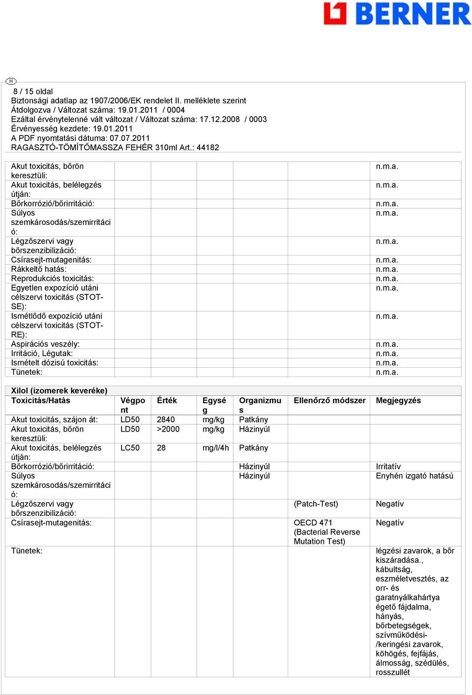 Irritáció, Légutak: Ismételt dózisú toxicitás: Tünetek: Xilol (izomerek keveréke) Toxicitás/Hatás Végpo Érték Egysé Organizmu Ellenőrző módszer Megjegyzés nt g s Akut toxicitás, szájon át: LD50 2840