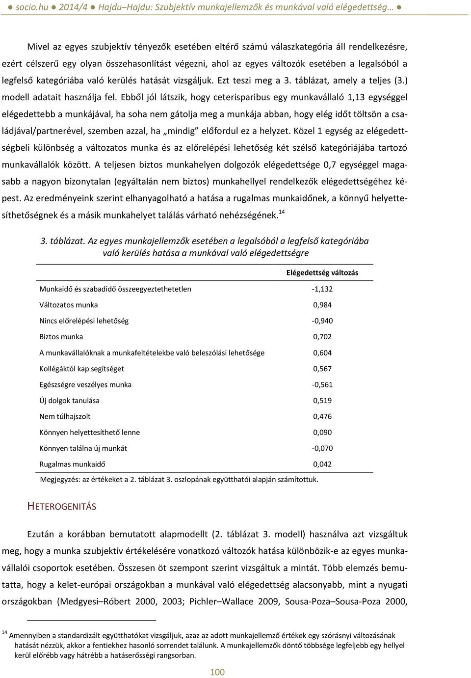 Ebből jól látszik, hogy ceterisparibus egy munkavállaló 1,13 egységgel elégedettebb a munkájával, ha soha nem gátolja meg a munkája abban, hogy elég időt töltsön a családjával/partnerével, szemben