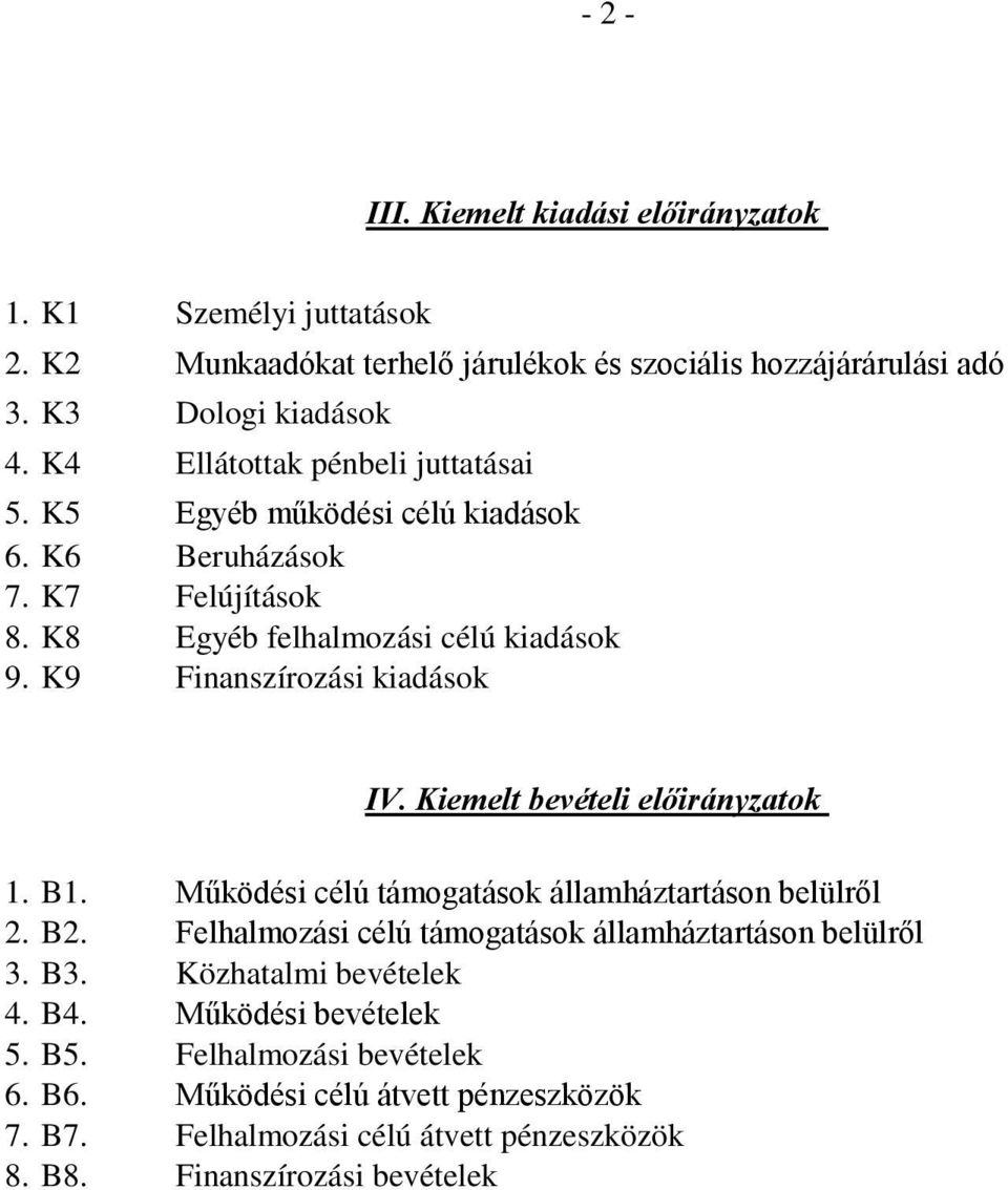 K9 Finanszírozási kiadások IV. Kiemelt bevételi ok 1. B1. Működési célú támogatások államháztartáson belülről 2. B2.