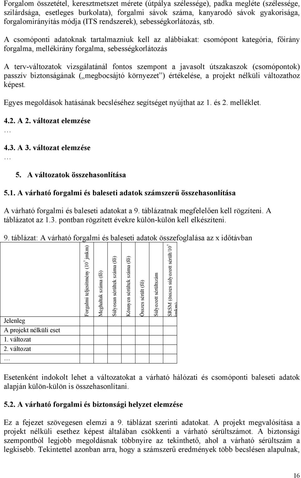 A csomóponti adatoknak tartalmazniuk kell az alábbiakat: csomópont kategória, főirány forgalma, mellékirány forgalma, sebességkorlátozás A terv-változatok vizsgálatánál fontos szempont a javasolt