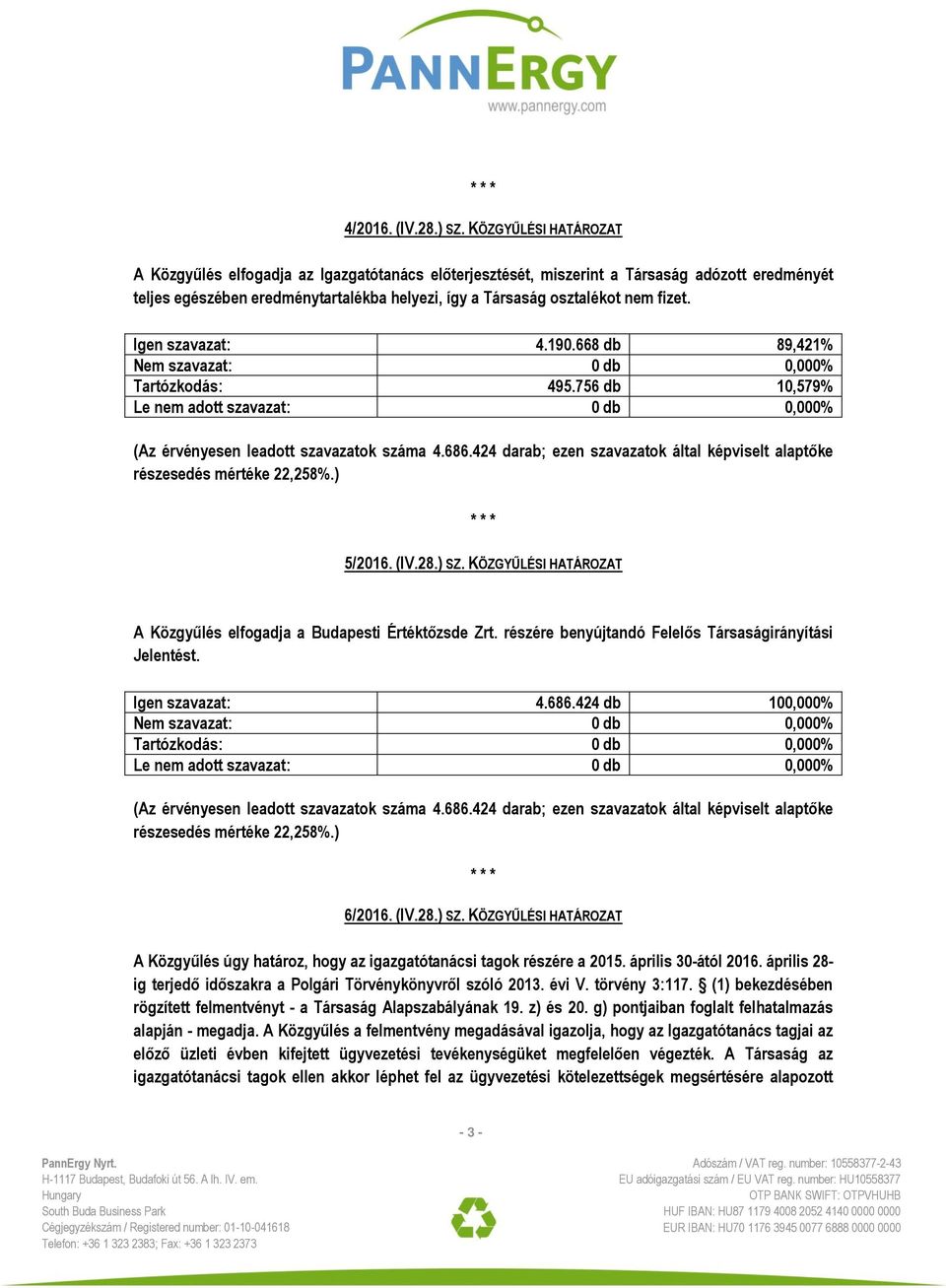 Igen szavazat: 4.190.668 db 89,421% Tartózkodás: 495.756 db 10,579% 5/2016. (IV.28.) SZ. KÖZGYŰLÉSI HATÁROZAT A Közgyűlés elfogadja a Budapesti Értéktőzsde Zrt.