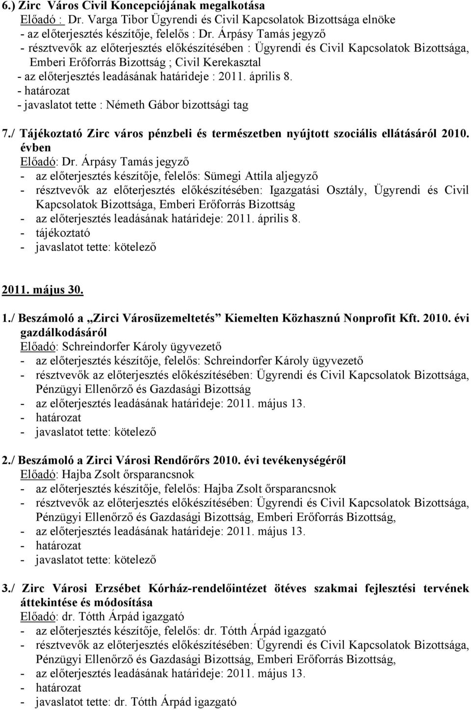 2011. április 8. - javaslatot tette : Németh Gábor bizottsági tag 7./ Tájékoztató Zirc város pénzbeli és természetben nyújtott szociális ellátásáról 2010. évben Előadó: Dr.