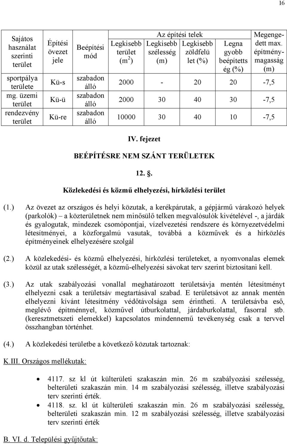 Legkisebb zöldfelü let (%) Legna gyobb beépítetts ég (%) Megengedett max. építménymagasság (m) 2000-20 20-7,5 2000 30 40 30-7,5 10000 30 40 10-7,5 IV. fejezet BEÉPÍTÉSRE NEM SZÁNT TERÜLETEK 12.