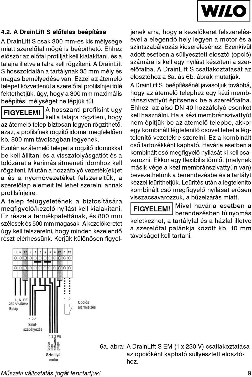 Ezzel az átemelő telepet közvetlenül a szerelőfal profilsínjei fölé fektethetjük, úgy, hogy a 300 mm maximális beépítési mélységet ne lépjük túl. A hosszanti profilsínt úgy FIGYELEM!