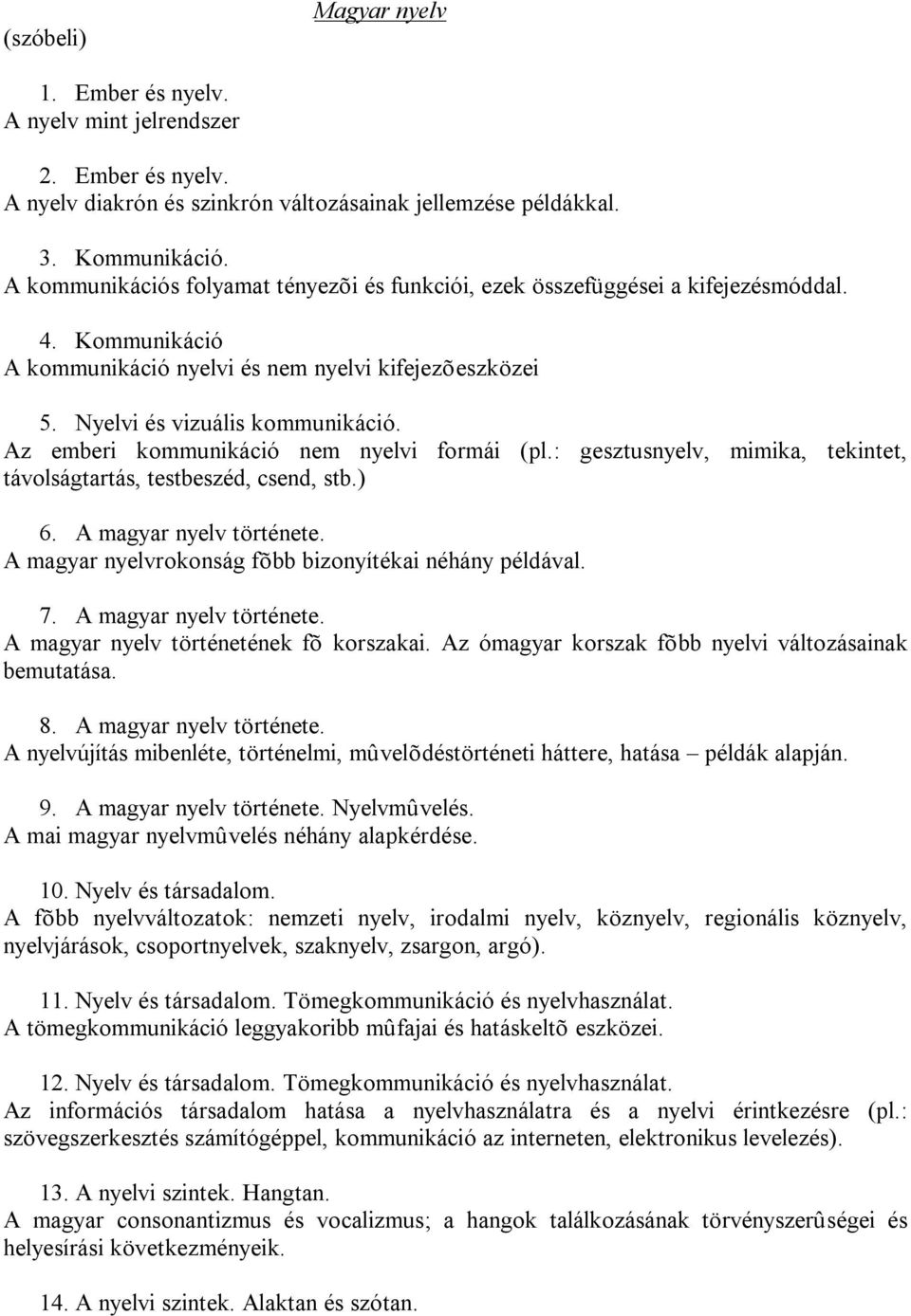 Az emberi kommunikáció nem nyelvi formái (pl.: gesztusnyelv, mimika, tekintet, távolságtartás, testbeszéd, csend, stb.) 6. A magyar nyelv története.