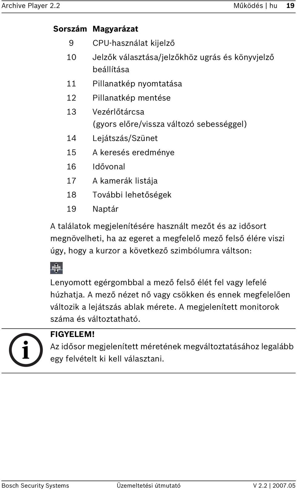 előre/vissza változó sebességgel) 14 Lejátszás/Szünet 15 A keresés eredménye 16 Idővonal 17 A kamerák listája 18 További lehetőségek 19 Naptár A találatok megjelenítésére használt mezőt és az idősort