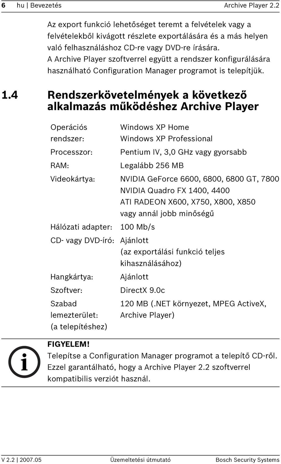 4 Rendszerkövetelmények a következő alkalmazás működéshez Archive Player Operációs Windows XP Home rendszer: Windows XP Professional Processzor: Pentium IV, 3,0 GHz vagy gyorsabb RAM: Legalább 256 MB