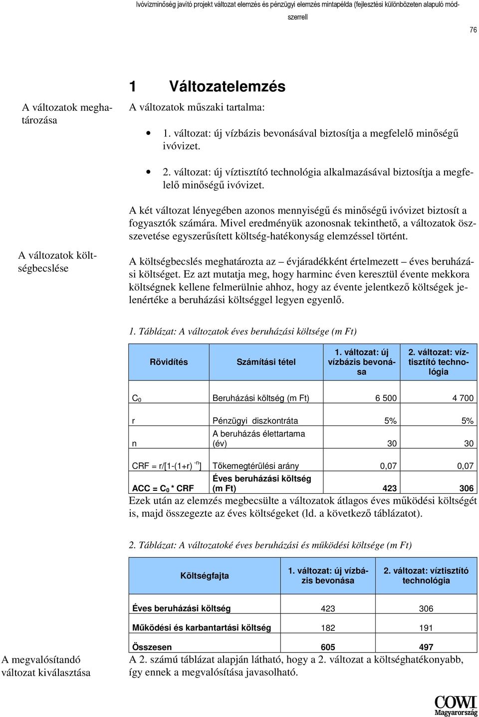 A változatok költségbecslése A két változat lényegében azonos mennyiségő és minıségő ivóvizet biztosít a fogyasztók számára.