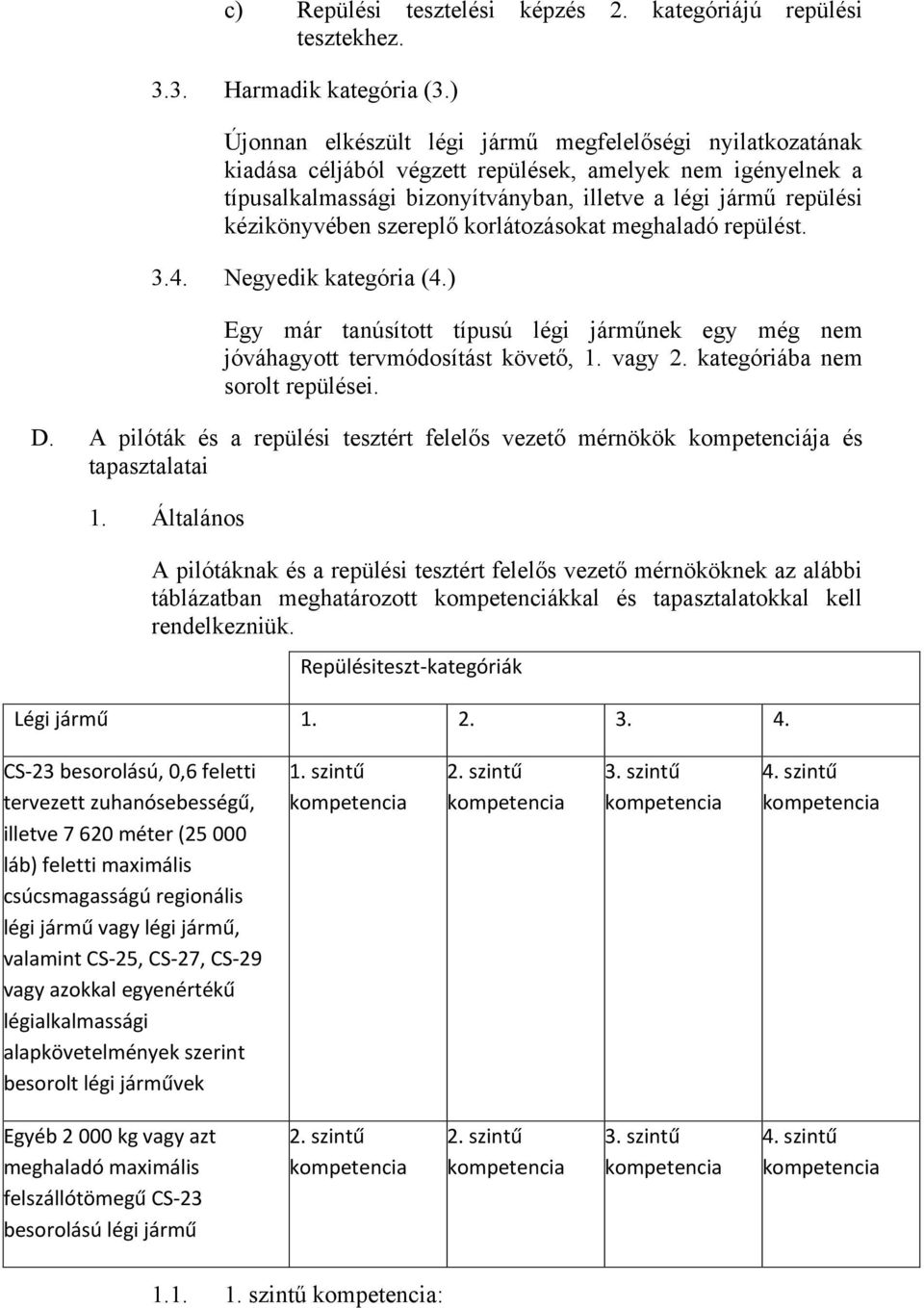 járműnek egy még nem jóváhagyott tervmódosítást követő, 1 vagy 2 kategóriába nem sorolt repülései D A pilóták és a repülési tesztért felelős vezető mérnökök kompetenciája és tapasztalatai 1 Általános