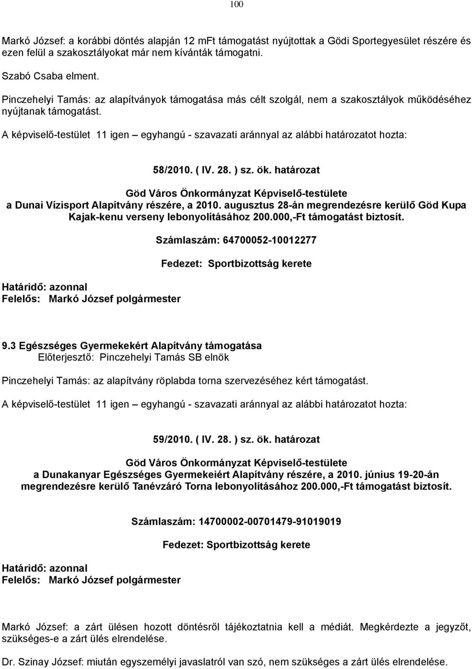 A képviselő-testület 11 igen egyhangú - szavazati aránnyal az alábbi határozatot hozta: 58/2010. ( IV. 28. ) sz. ök. határozat a Dunai Vízisport Alapítvány részére, a 2010.