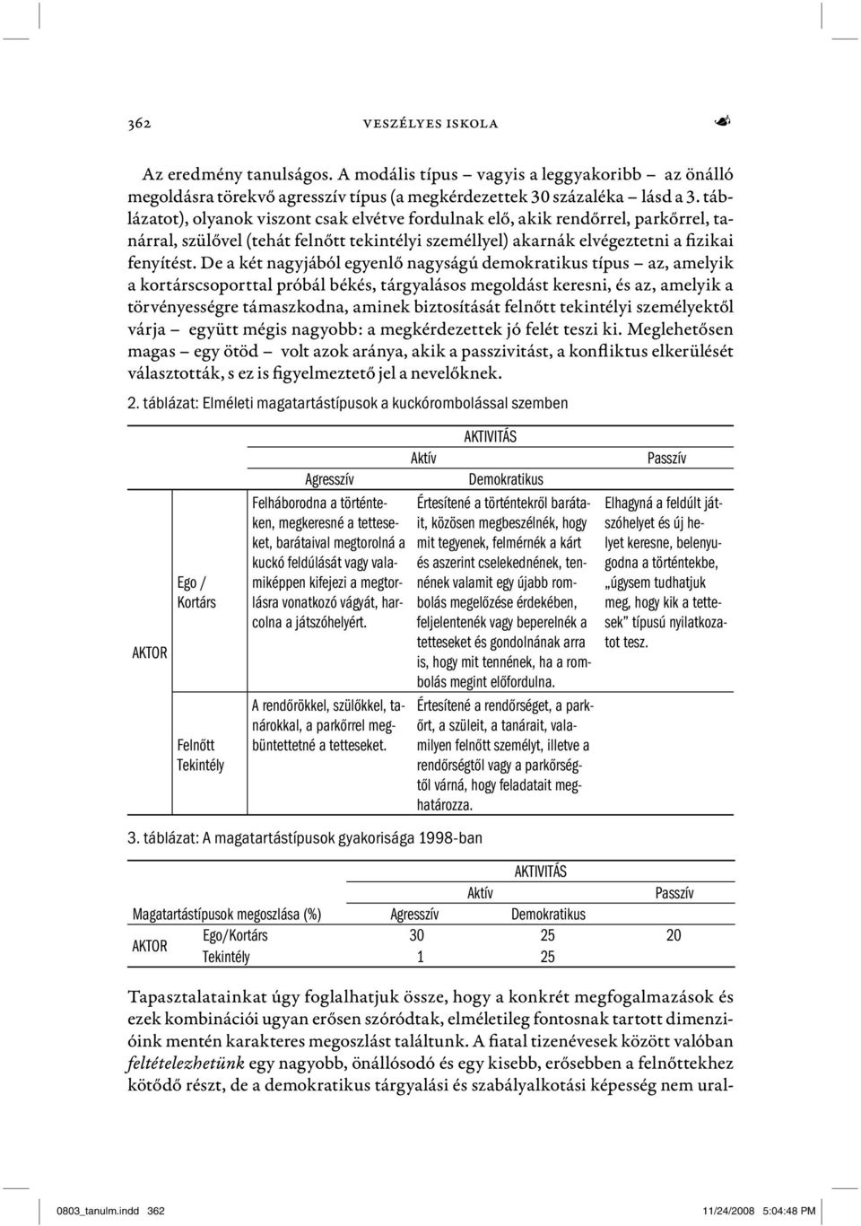 De a két nagyjából egyenlő nagyságú demokratikus típus az, amelyik a kortárscsoporttal próbál békés, tárgyalásos megoldást keresni, és az, amelyik a törvényességre támaszkodna, aminek biztosítását