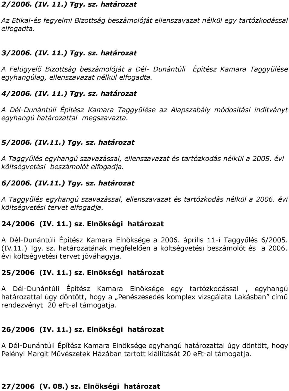 évi költségvetési beszámolót elfogadja. 6/2006. (IV.11.) Tgy. sz. határozat A Taggyűlés egyhangú szavazással, ellenszavazat és tartózkodás nélkül a 2006. évi költségvetési tervet elfogadja.