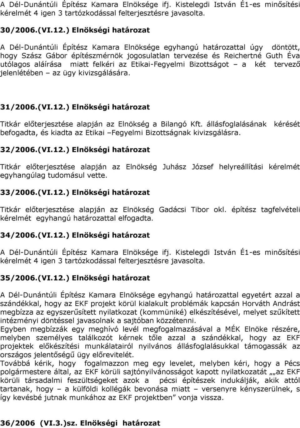 felkéri az Etikai-Fegyelmi Bizottságot a két tervező jelenlétében az ügy kivizsgálására. 31/2006.(VI.12.) Elnökségi határozat Titkár előterjesztése alapján az Elnökség a Bilangó Kft.