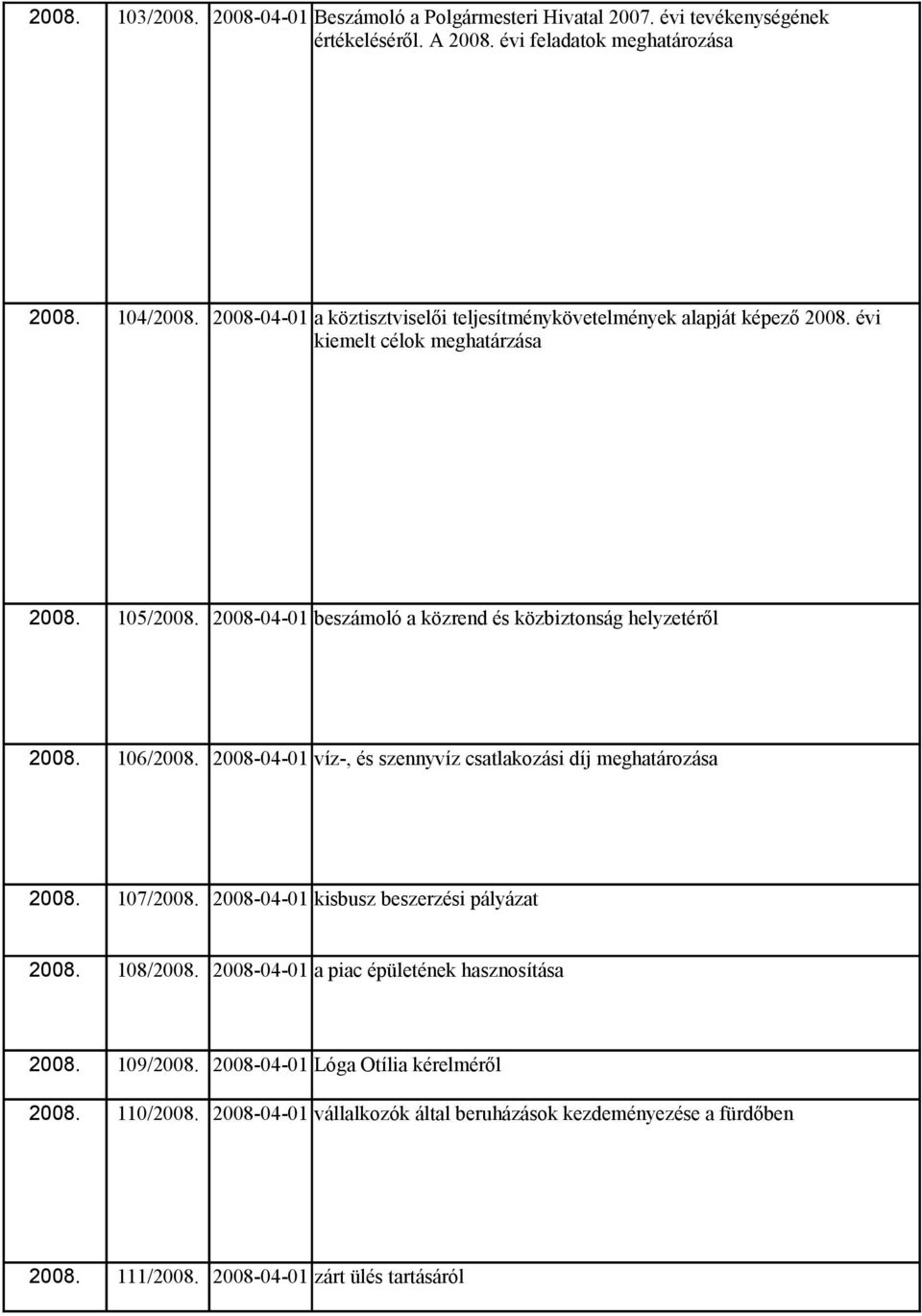 2008-04-01 beszámoló a közrend és közbiztonság helyzetéről 2008. 106/2008. 2008-04-01 víz-, és szennyvíz csatlakozási díj meghatározása 2008. 107/2008.