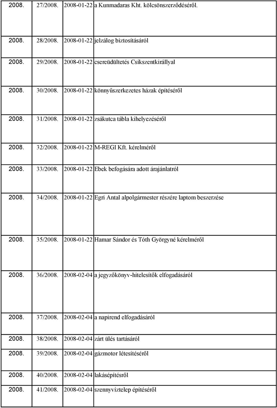 2008-01-22 Ebek befogására adott árajánlatról 2008. 34/2008. 2008-01-22 Egri Antal alpolgármester részére laptom beszerzése 2008. 35/2008. 2008-01-22 Hamar Sándor és Tóth Györgyné kérelméről 2008.