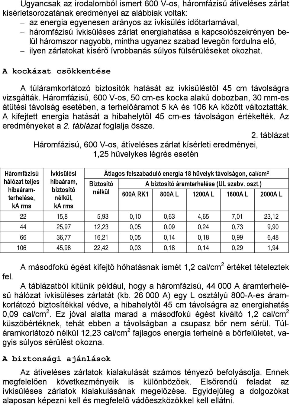 A kockázat csökkentése A túláramkorlátozó biztosítók hatását az ívkisüléstől 45 cm távolságra vizsgálták.