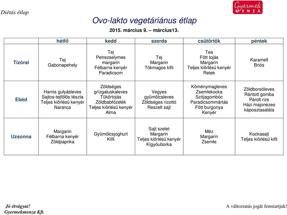 Sajtos-tejfölös tészta Zöldséges grízgaluskaleves Tükörtojás Zöldbabfőzelék Vegyes