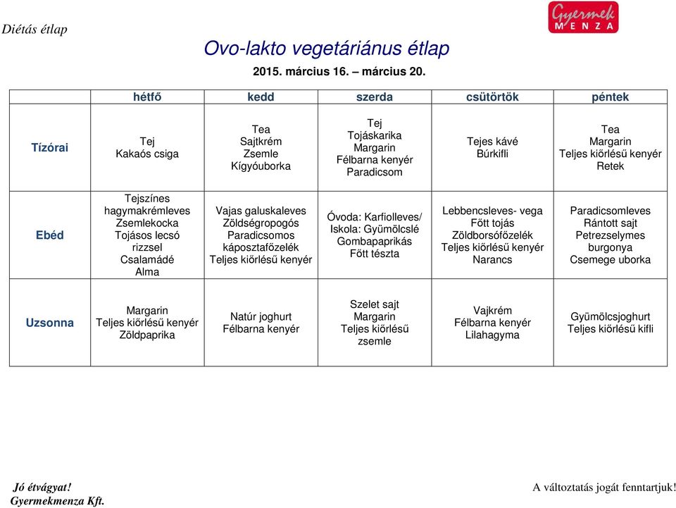 Csalamádé Vajas galuskaleves Zöldségropogós os káposztafőzelék Óvoda: Karfiolleves/ Iskola: