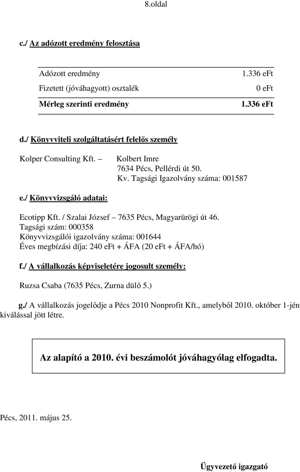 / Szalai József 7635 Pécs, Magyarürögi út 46. Tagsági szám: 000358 Könyvvizsgálói igazolvány száma: 001644 Éves megbízási díja: 240 eft + ÁFA (20 eft + ÁFA/hó) f.