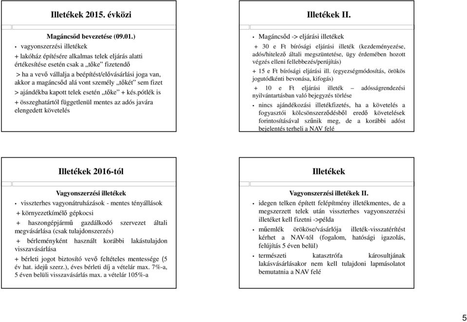 ) vagyonszerzési illetékek + lakóház építésére alkalmas telek eljárás alatti értékesítése esetén csak a tőke fizetendő > ha a vevő vállalja a beépítést/elővásárlási joga van, akkor a magáncsőd alá