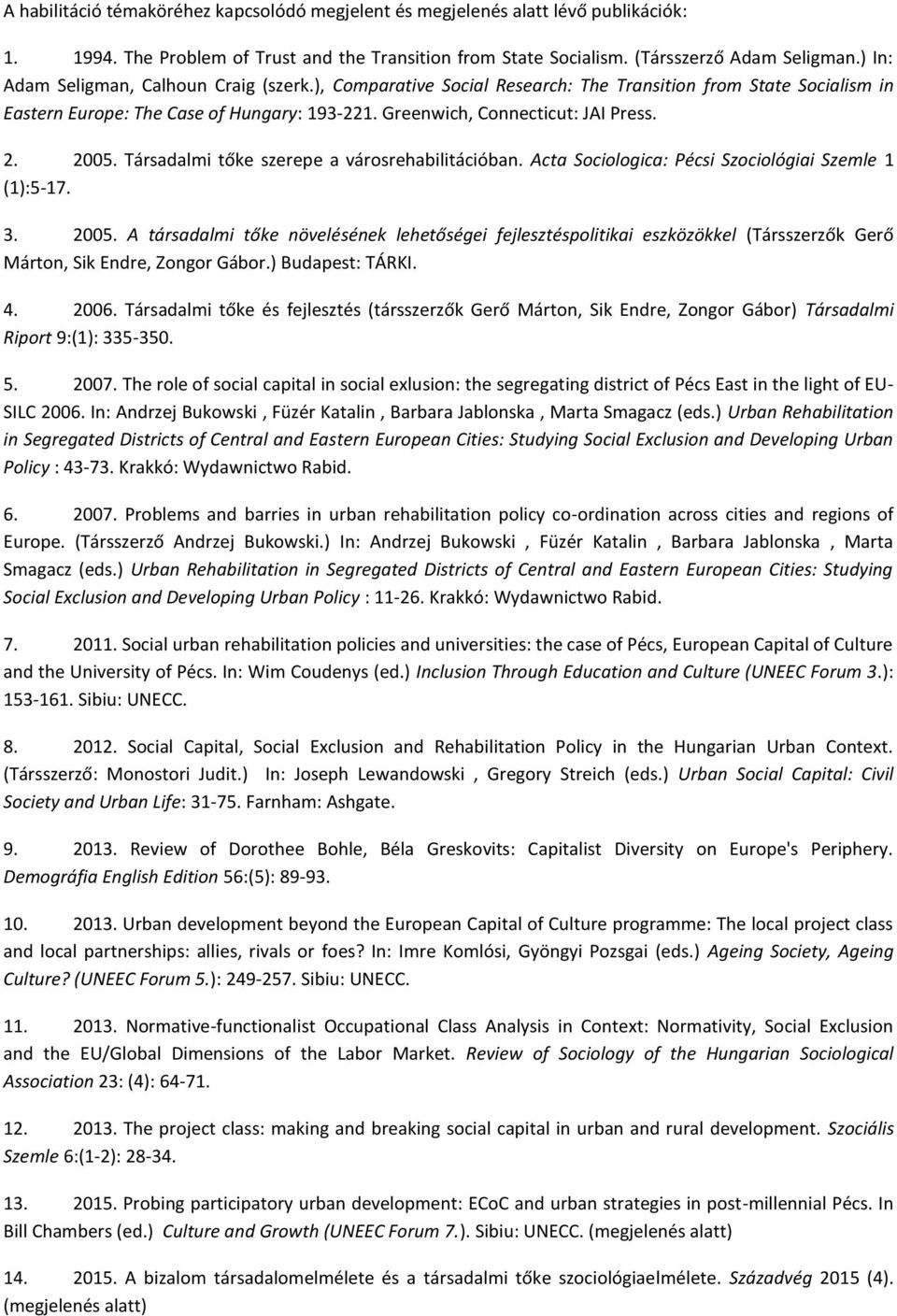 2005. Társadalmi tőke szerepe a városrehabilitációban. Acta Sociologica: Pécsi Szociológiai Szemle 1 (1):5-17. 3. 2005.