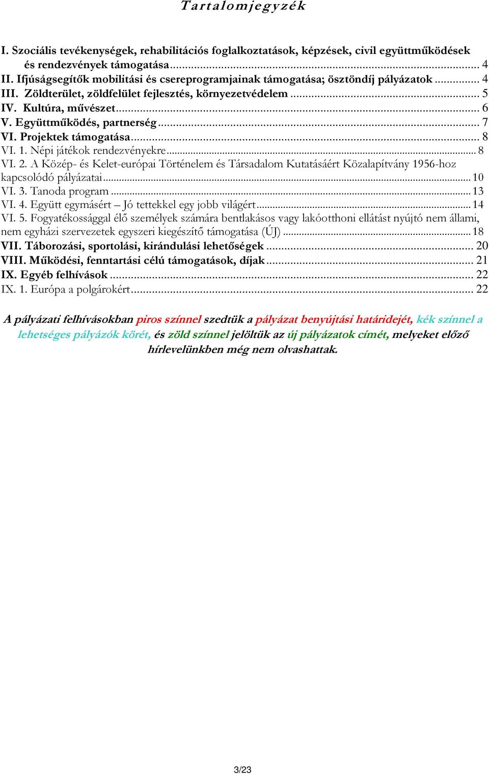 Együttműködés, partnerség... 7 VI. Projektek támogatása... 8 VI. 1. Népi játékok rendezvényekre... 8 VI. 2.